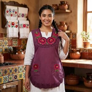 Burgundy Mexican Embroidered Smock Apron – Floral Traditional Design